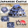 3D render of a multi-tiered Japanese castle keep with a stone base, white walls, and blue tiled roofs. Inset images show the detailed interior levels with different floor textures for tabletop gaming.