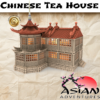 3D render of a multi-story Chinese Tea House model for 3D printing. Features traditional tiled roofs with curved eaves, intricate wooden window lattices, and a detailed stone block foundation.