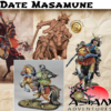 Image collage of Date Masamune, showing a historical painting, a 3D render of the STL miniature, and two painted versions of the 3D printed model on horseback, with the Asian Adventures logo.