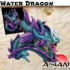 A painted 3D printed miniature of an Asian Water Dragon with a serpentine body. The model is painted in vibrant teal and purple, with flowing fins, a fierce expression, sharp teeth, and white whiskers.