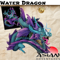 A painted 3D printed miniature of an Asian Water Dragon with a serpentine body. The model is painted in vibrant teal and purple, with flowing fins, a fierce expression, sharp teeth, and white whiskers.