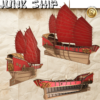 3D render of a detailed Chinese Junk Ship STL model for 3D printing, featuring three masts with red battened sails, an ornate red and wood hull, and golden dragon figureheads.