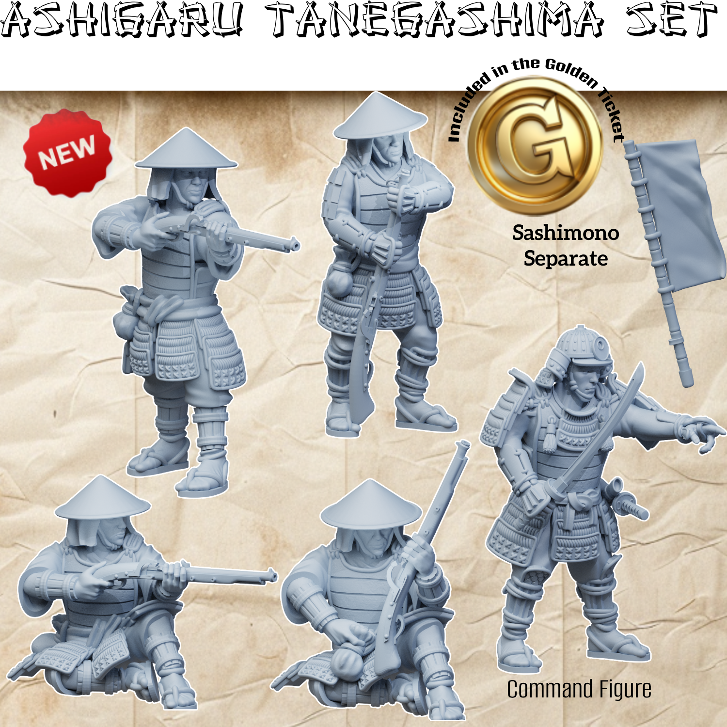3D render of a set of Japanese Ashigaru miniatures with Tanegashima matchlock rifles, including standing, kneeling, and samurai command figures, for 3D printing.