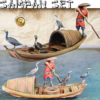 Painted 28mm miniature set of a cormorant fisherman on a traditional wooden sampan boat with a woven canopy and several cormorant birds. 3D printable STL files for tabletop gaming.