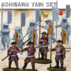 A composition image of 3D printable Ashigaru Yari Spearman miniatures. The upper part shows unpainted grey 3D renders, while the lower part displays fully painted examples in purple and brown armor, holding long spears (yari) and wearing conical hats (jingasa).