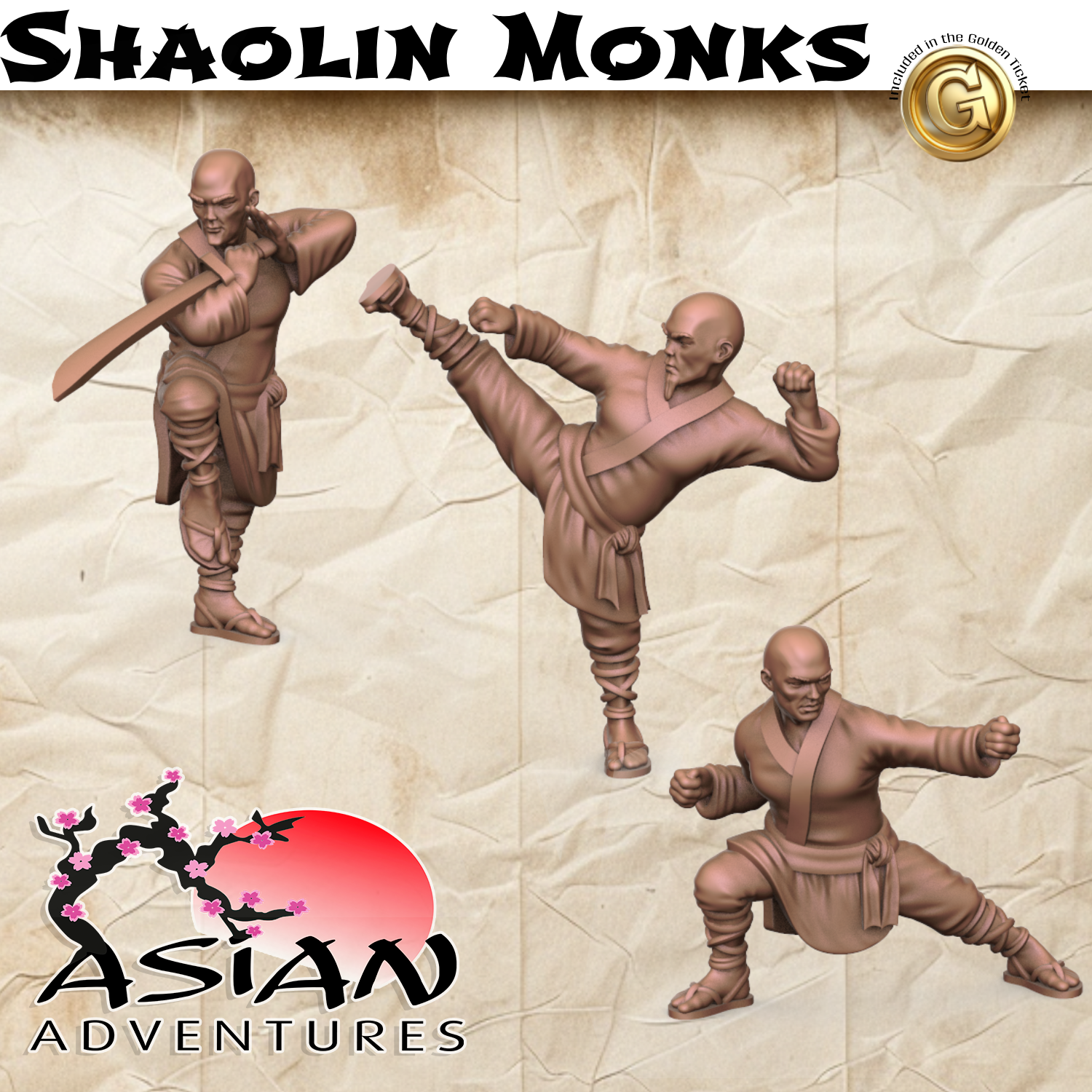 3D render of three Shaolin Monk miniatures for 3D printing. The warrior monks are in dynamic martial arts poses: one with a dao sword, one performing a high kick, and one in a horse stance. Part of the Asian Adventures collection.