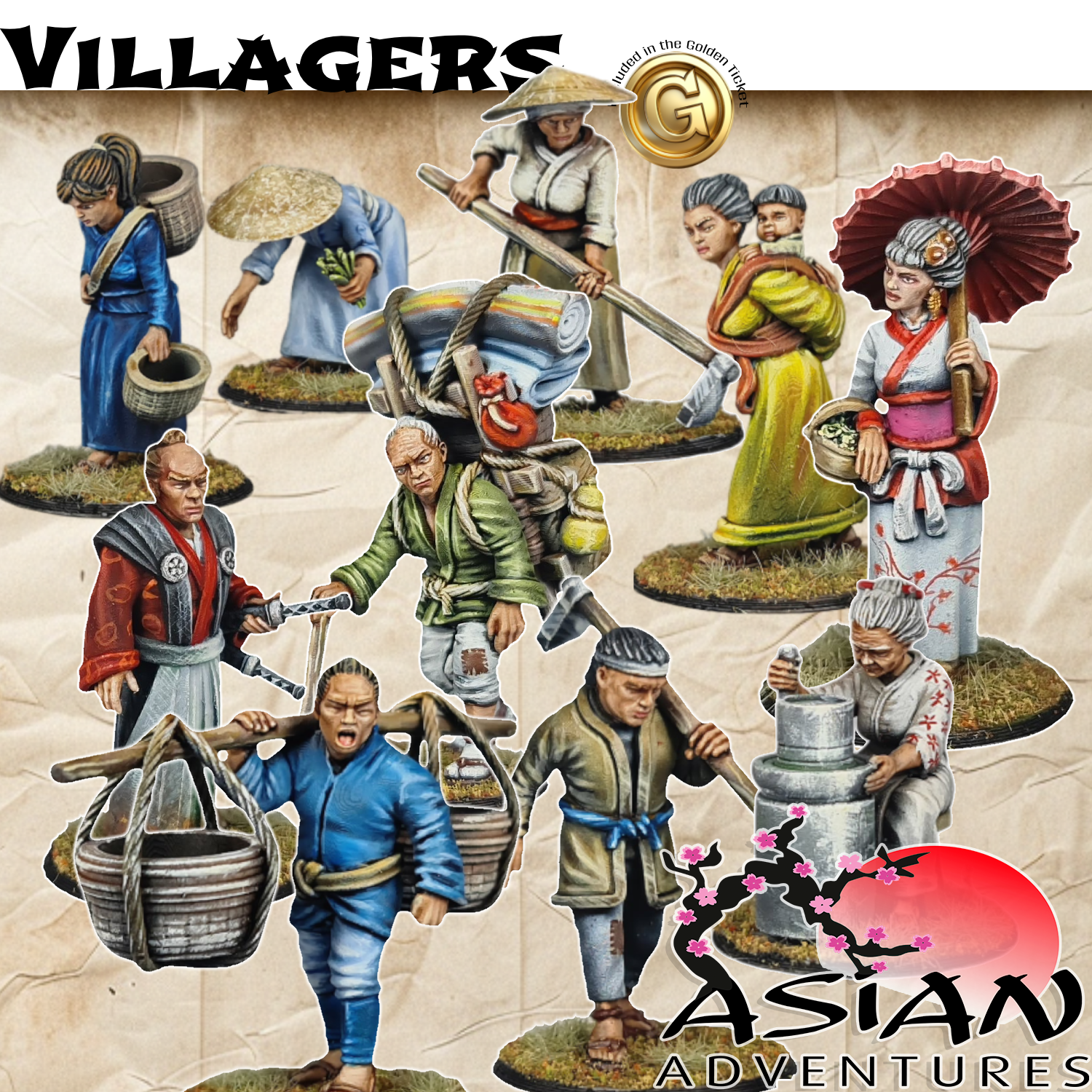 A collection of eleven painted 28mm scale Asian villager miniatures for tabletop wargaming, including farmers, laborers, a woman with a parasol, and an armed samurai figure.
