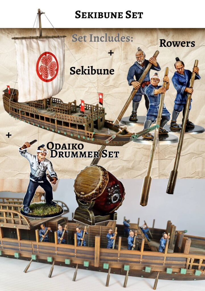 Painted 3D printed model of a Japanese Sekibune warship set for tabletop games, showing the ship with its sail, rower miniatures, and an Odaiko drummer with his large drum.