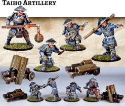 A collection of painted 28mm Taiho Artillery miniatures, featuring feudal Japanese samurai gunners in various poses operating two different cannons. The image shows the 3D printed models on scenic bases.
