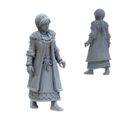 3D render of a Viking noblewoman miniature for 3D printing, showing front and back views. The model wears a fur-collared coat over a patterned dress and has her hair in a long, intricate braid.