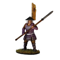 A composition image of 3D printable Ashigaru Yari Spearman miniatures. The upper part shows unpainted grey 3D renders, while the lower part displays fully painted examples in purple and brown armor, holding long spears (yari) and wearing conical hats (jingasa).