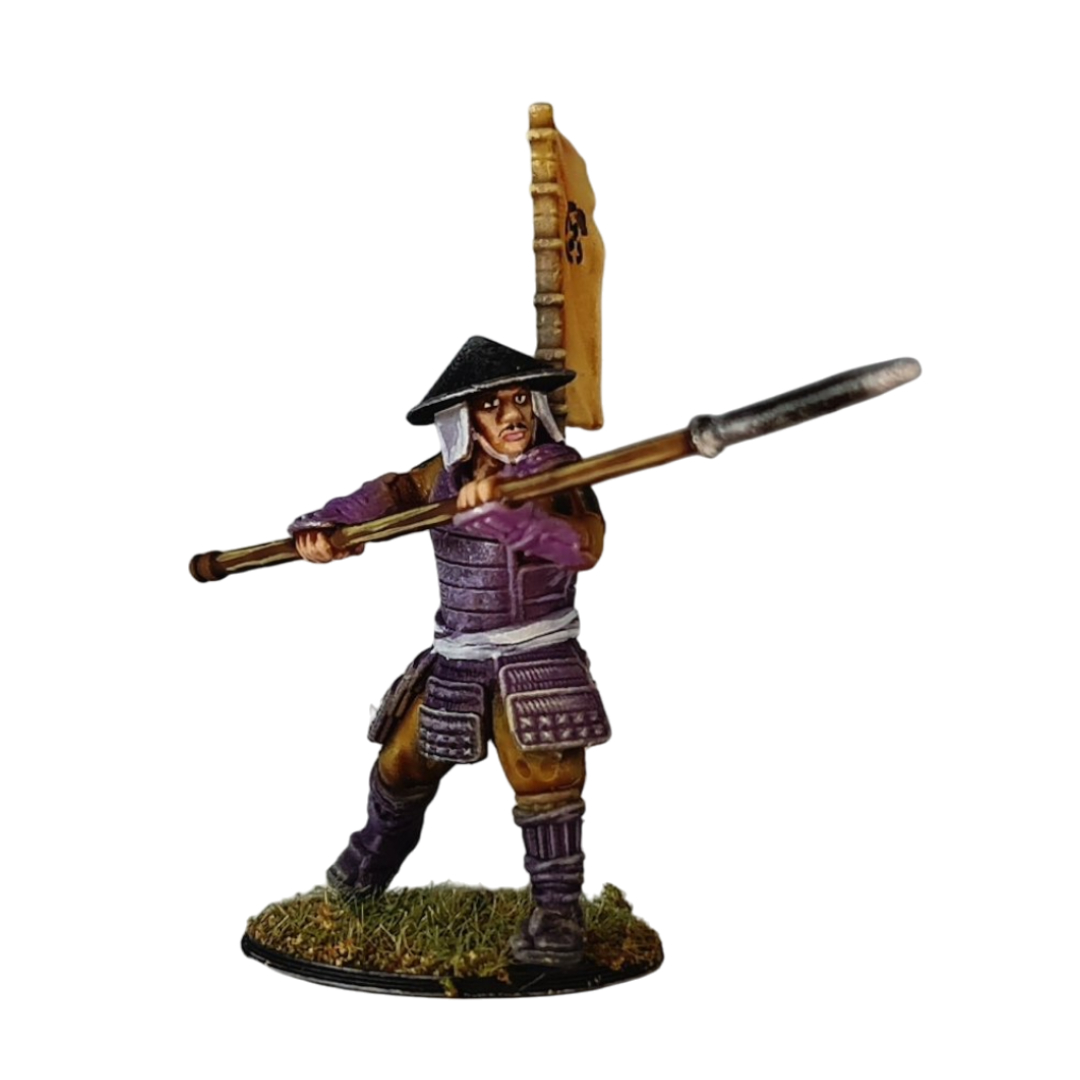 A composition image of 3D printable Ashigaru Yari Spearman miniatures. The upper part shows unpainted grey 3D renders, while the lower part displays fully painted examples in purple and brown armor, holding long spears (yari) and wearing conical hats (jingasa).