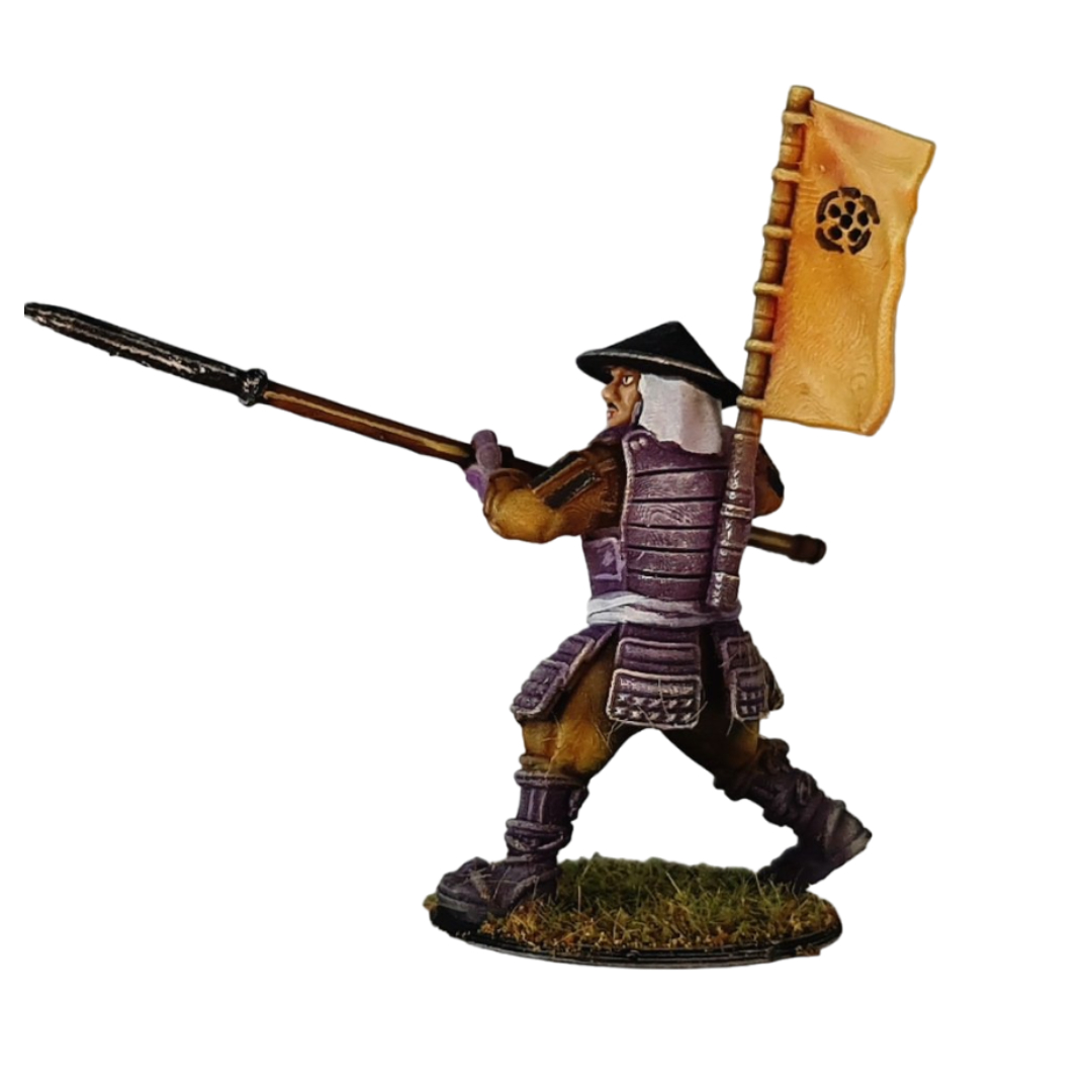 A composition image of 3D printable Ashigaru Yari Spearman miniatures. The upper part shows unpainted grey 3D renders, while the lower part displays fully painted examples in purple and brown armor, holding long spears (yari) and wearing conical hats (jingasa).