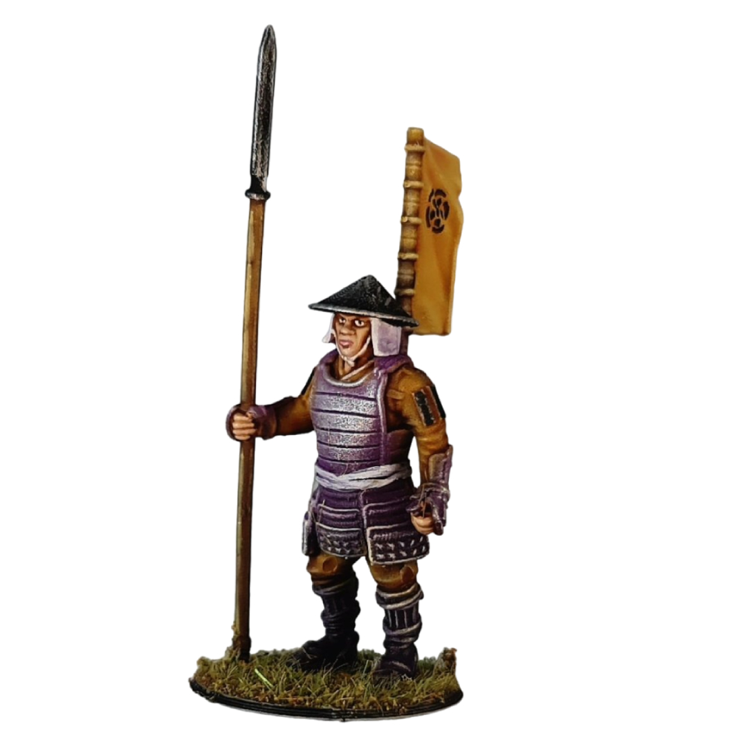 A composition image of 3D printable Ashigaru Yari Spearman miniatures. The upper part shows unpainted grey 3D renders, while the lower part displays fully painted examples in purple and brown armor, holding long spears (yari) and wearing conical hats (jingasa).