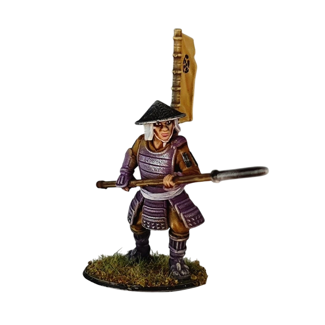 A composition image of 3D printable Ashigaru Yari Spearman miniatures. The upper part shows unpainted grey 3D renders, while the lower part displays fully painted examples in purple and brown armor, holding long spears (yari) and wearing conical hats (jingasa).