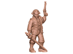 3D render of a Colonial Swashbuckler miniature in 18th-century attire, holding a flintlock pistol and a cutlass sword, ready for tabletop gaming.