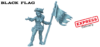 3D render of a female pirate miniature, the Black Flag, holding a flintlock pistol and a tattered flag with a skull and crossbones design. The model is unpainted.