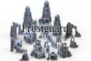 3D render of the Frostguard modular fantasy ruins set, showing multiple ruined stone towers, walls, arches, and platforms for tabletop wargaming.