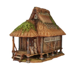 A 28mm scale 3D printed model of a traditional Japanese Gassho-style farmhouse (Minka) featuring a steep, highly textured thatched roof, raised wooden porch, and timber-framed walls on a stone foundation.