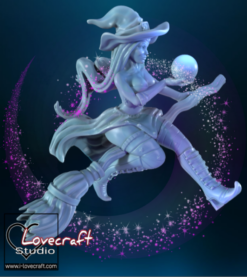 A 3D render of a fantasy female witch miniature in a dynamic pose, flying on a broomstick and holding a glowing crystal ball, designed for 3D printing.