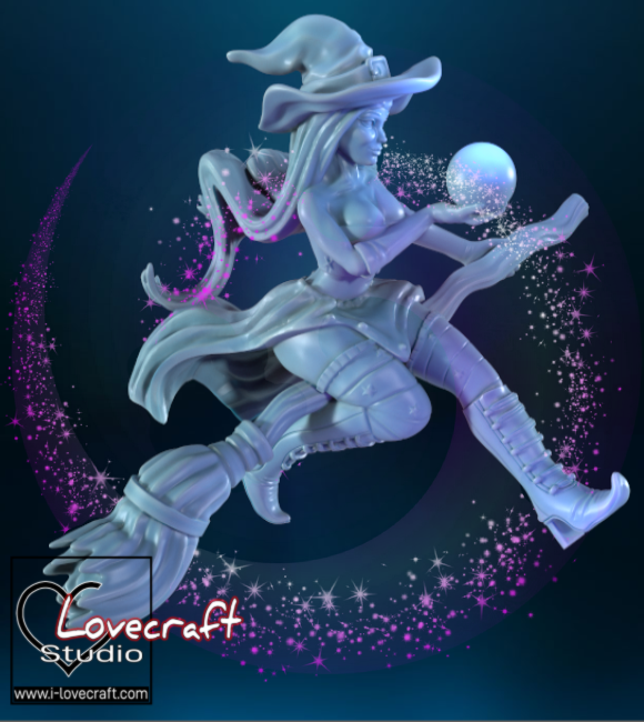 A 3D render of a fantasy female witch miniature in a dynamic pose, flying on a broomstick and holding a glowing crystal ball, designed for 3D printing.