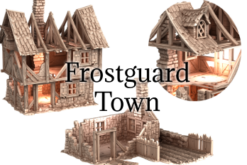 3D renders of Frostguard Town 3D printable STL terrain, showing a ruined two-story half-timbered medieval building and a crumbled stone wall section for 28mm wargaming.