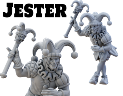 3D render of a sinister jester miniature for tabletop gaming. The character has a wide, malicious grin, wears a jester's hat and ruffled collar, and holds a skull-topped scepter.