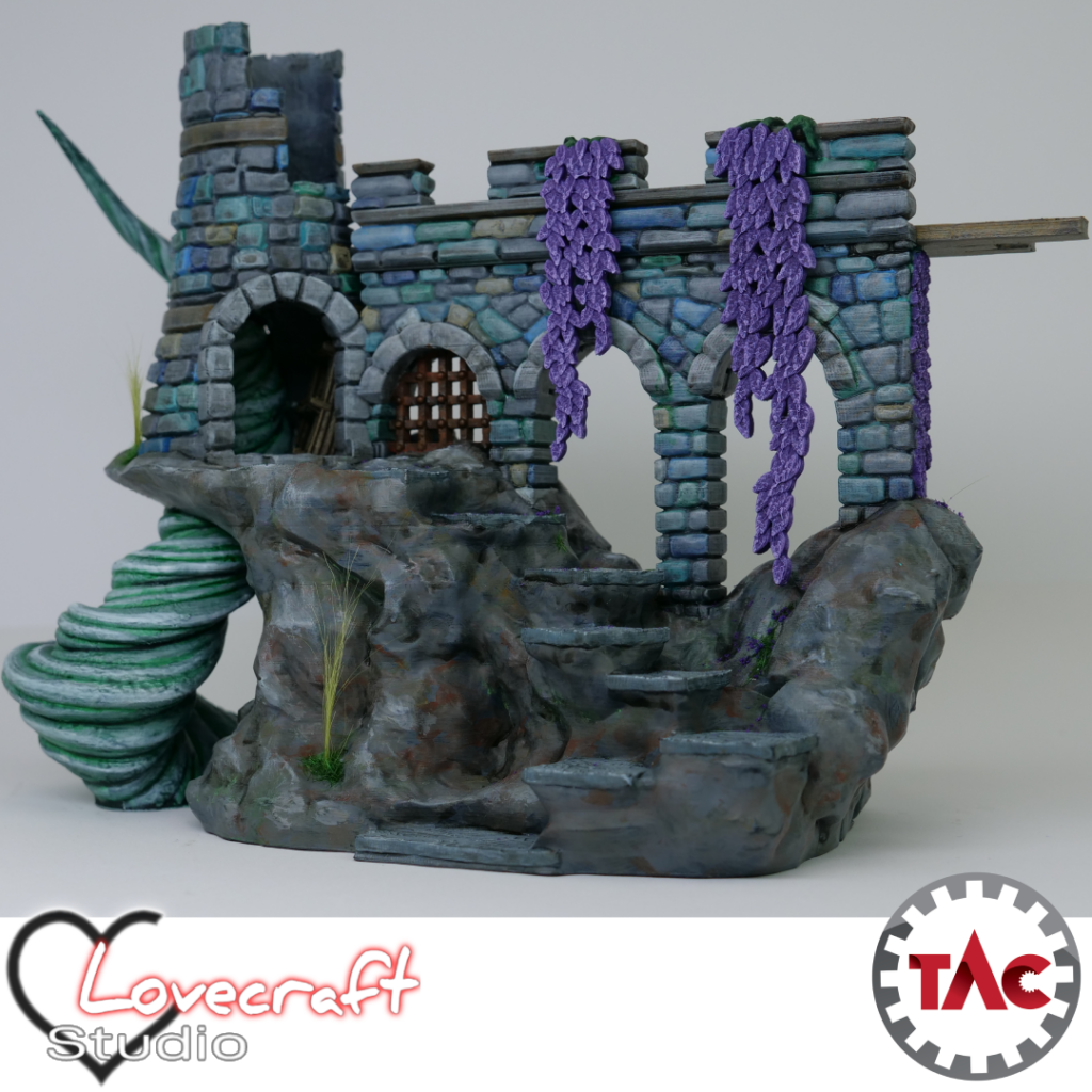 A painted 3D print of stone ruins on a cliff, featuring a broken tower, arched walkway with purple wisteria, and a winding stone staircase.