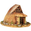 A 28mm scale 3D printed model of a Koyane-Minka, a small, circular Japanese folk house. The model features a rounded, bell-shaped thatched roof that curves toward the ground, a small sheltered entrance supported by two timber pillars, and a stone-lined foundation. The design reflects a primitive, organic mountain hermitage or rural storage hut.