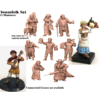 Composite image of the Townsfolk Set of 11 3D printable miniatures. Shows 3D renders of a plague doctor, tavern keeper, bard, and others, alongside two painted examples of a barmaid and a bard.