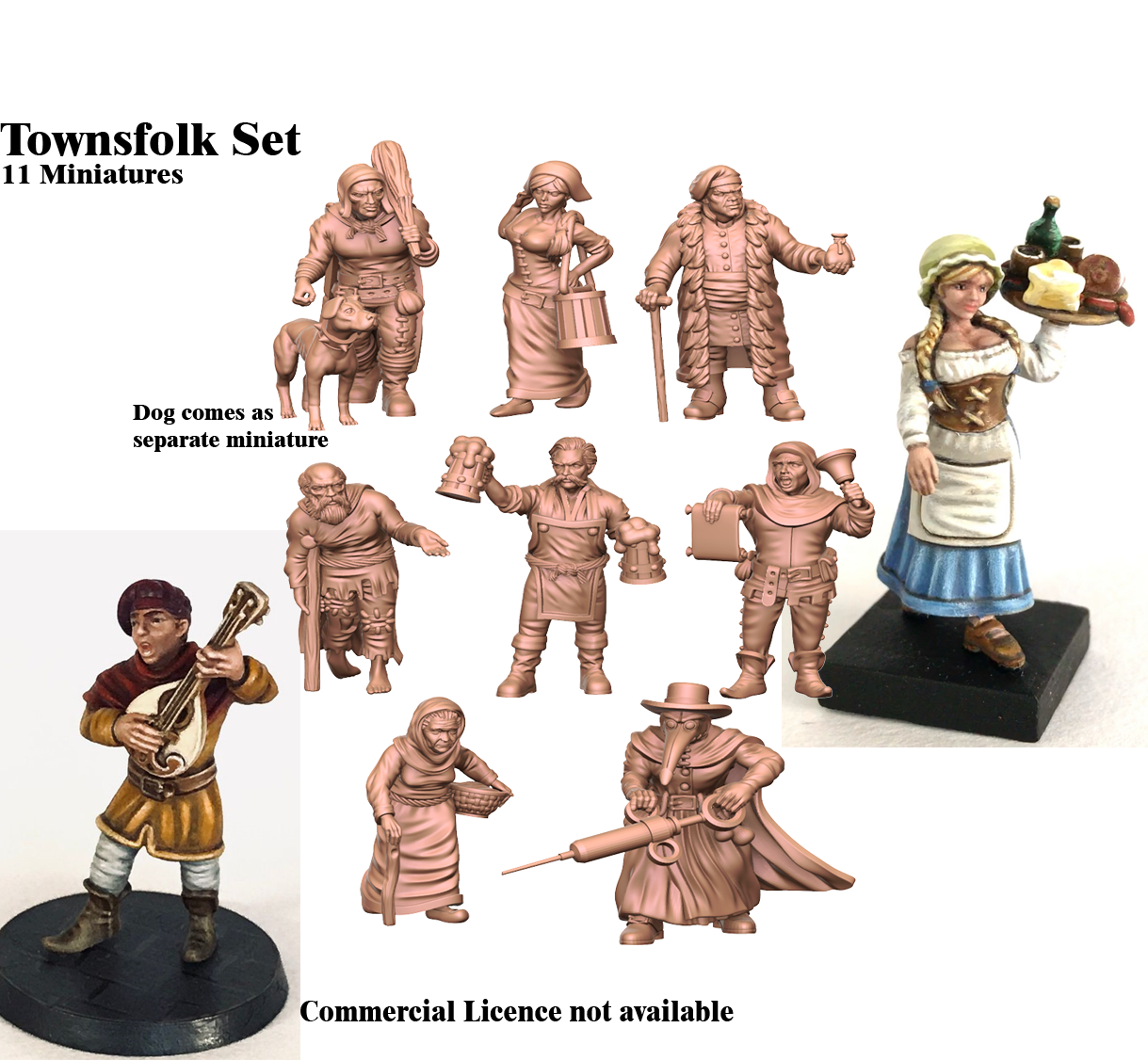 Composite image of the Townsfolk Set of 11 3D printable miniatures. Shows 3D renders of a plague doctor, tavern keeper, bard, and others, alongside two painted examples of a barmaid and a bard.
