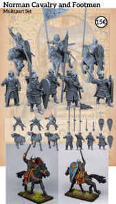 Multipart 3D printable STL set of Norman Cavalry and Footmen miniatures. Shows unpainted grey renders of knights on horseback, infantry with swords and shields, and individual components. Features two fully painted examples of Norman knights.