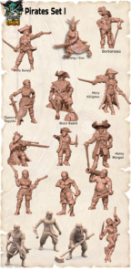 A 3D render compilation of the 'Pirates Set I' miniature collection, showcasing 15 unique pirate figures including historical characters like Blackbeard, Anne Bonny, and Cheng I Sao, ready for 3D printing.