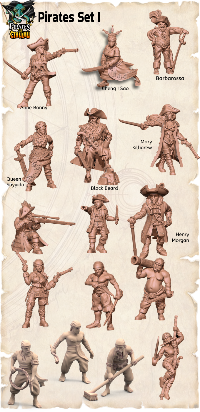 A 3D render compilation of the 'Pirates Set I' miniature collection, showcasing 15 unique pirate figures including historical characters like Blackbeard, Anne Bonny, and Cheng I Sao, ready for 3D printing.