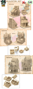 3D renders of the Shackton Set, featuring three modular, multi-story fantasy shanty houses with detailed wood textures and exploded views showing interior gameplay possibilities for 3D printing.