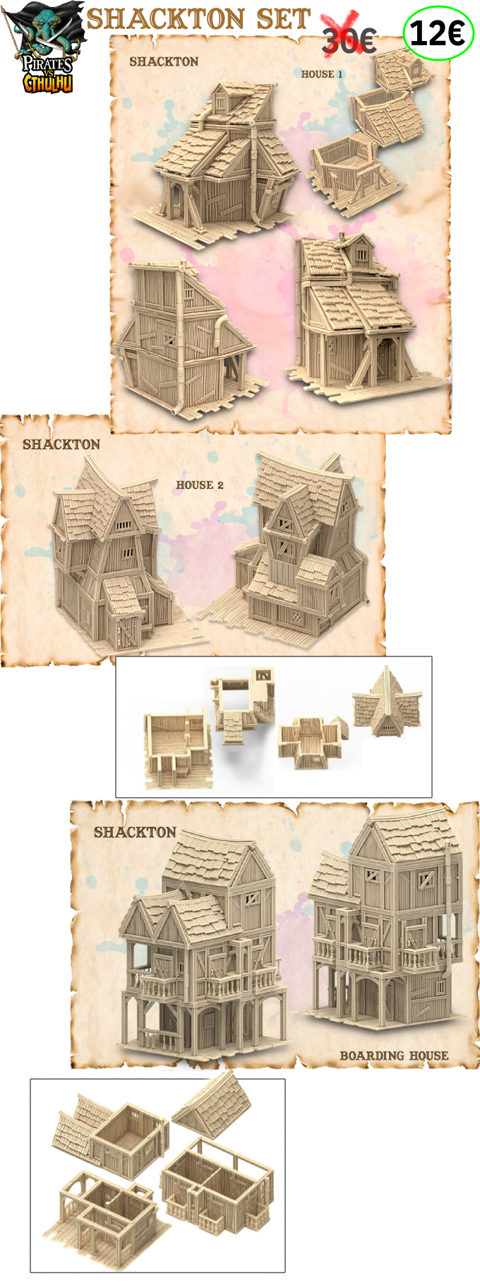 3D renders of the Shackton Set, featuring three modular, multi-story fantasy shanty houses with detailed wood textures and exploded views showing interior gameplay possibilities for 3D printing.