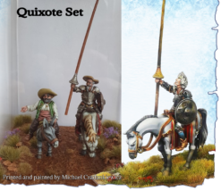 A pair of painted 28mm miniatures depicting Don Quixote and Sancho Panza. Don Quixote is on a white horse, wearing silver armor and holding a long lance. Sancho Panza is on a grey donkey, wearing peasant clothing. They are placed in a grassy diorama setting.