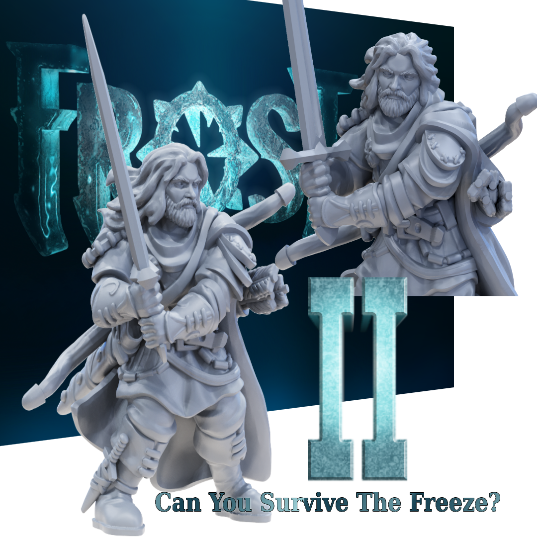 3D render of a fantasy male warrior miniature with long hair and a beard, dual-wielding swords. From the Frost II collection by Iain Lovecraft.