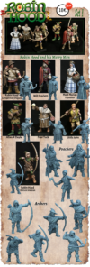 A collection of 3D printable miniatures for the Robin Hood legend, displaying both painted examples and grey 3D renders. Characters shown include Robin Hood, Maid Marian, Friar Tuck, Little John, Will Scarlett, and various archers and poachers.