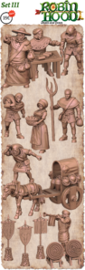 3D render of the Robin Hood Death and Taxes Set III miniatures, featuring tax collectors, peasants, a man on a horse-drawn cart, a herald, banners, and archery targets.