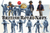 A collage of 3D printable miniatures depicting British Royal Navy sailors and officers from the Age of Sail. The image shows both unpainted grey 3D renders and fully painted examples. The miniatures are in various action poses, holding pistols, cutlasses, and muskets.
