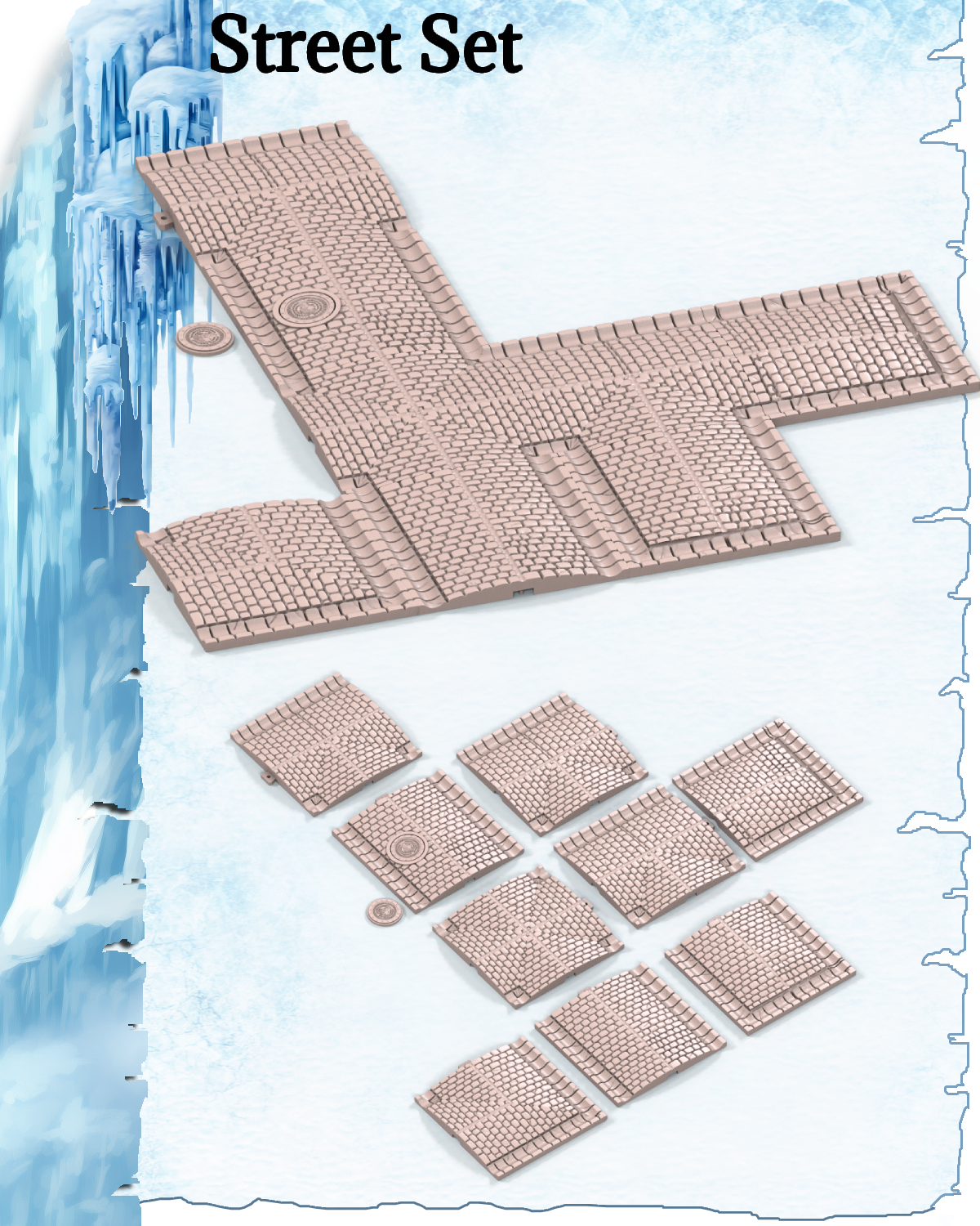 3D render of a modular cobblestone street set for tabletop gaming, showcasing individual square tiles and an assembled L-shaped road section with manhole cover details.