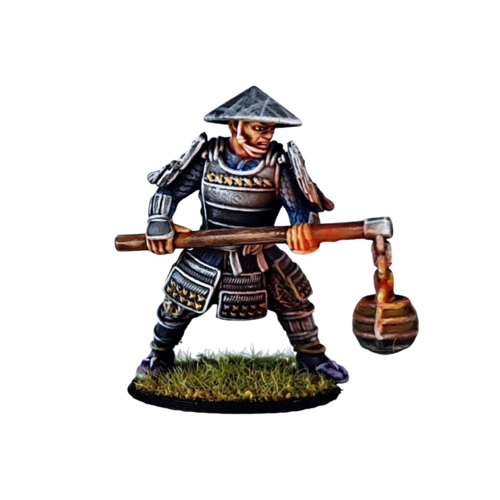A collection of painted 28mm Taiho Artillery miniatures, featuring feudal Japanese samurai gunners in various poses operating two different cannons. The image shows the 3D printed models on scenic bases.