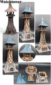 Collage of a 3D printed medieval watchtower and its digital render, showing its modular parts: stone base, timber frame, and tiled roof with a signal fire brazier.