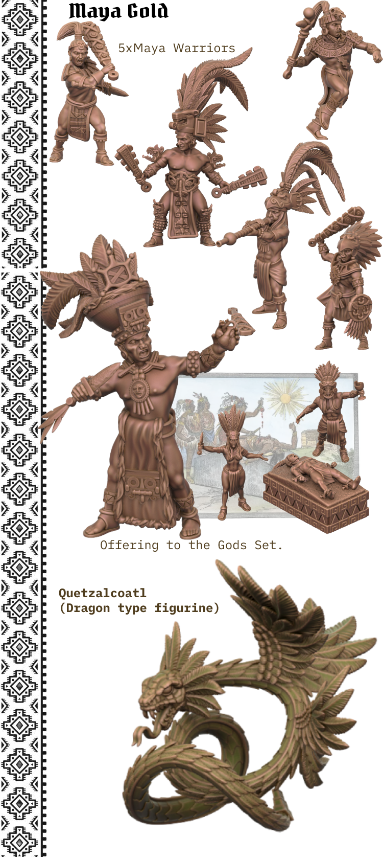 3D render collage of the Maya Gold STL miniature set, featuring five Maya warriors, a priest performing a sacrifice, and a large Quetzalcoatl feathered serpent model.
