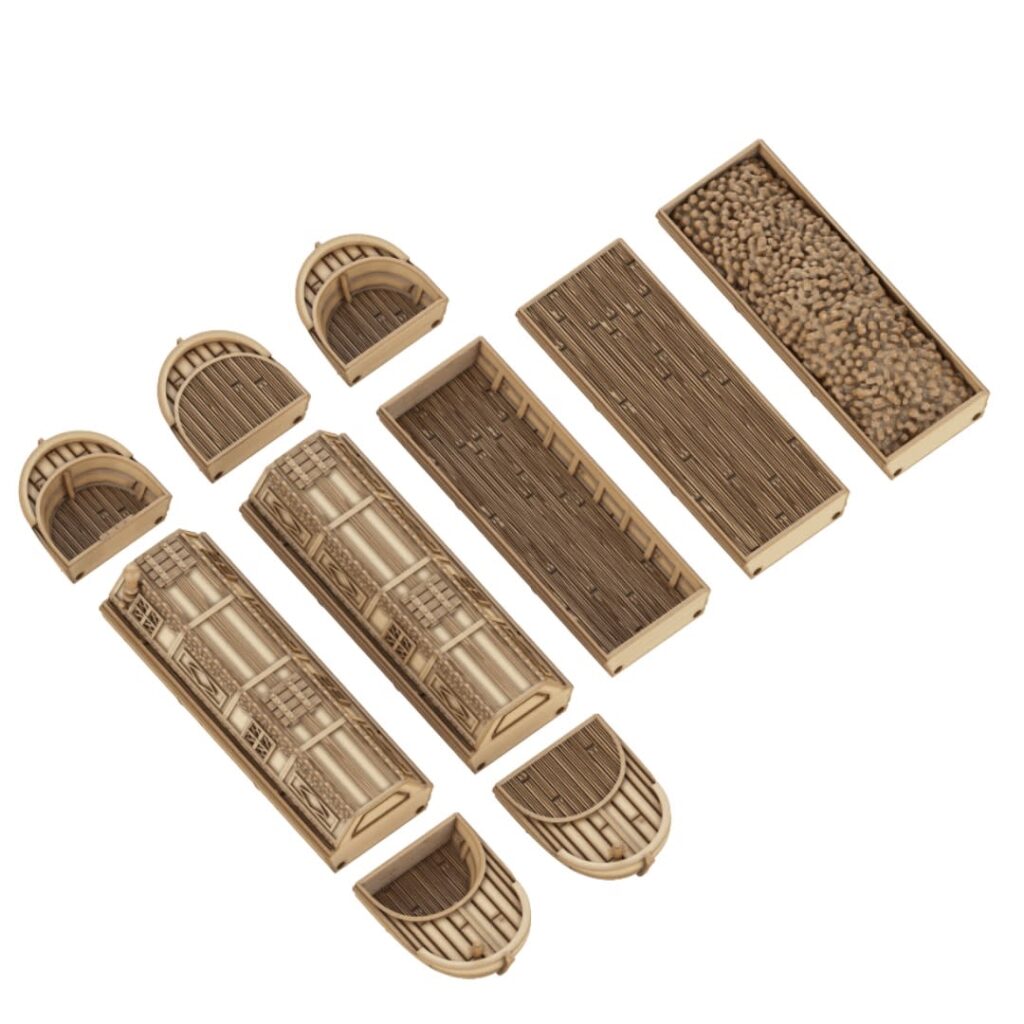 3D render of a modular 3D printable barge set, showing various wooden hull sections, covered passenger cabins, open cargo holds, and a hold filled with cargo.
