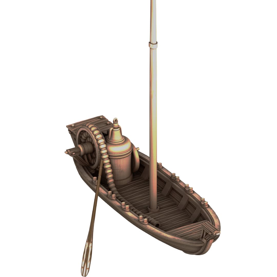 3D render of a small wooden pearl diver boat with a single mast, a rear winch mechanism, and a separate oar, designed for 3D printing.