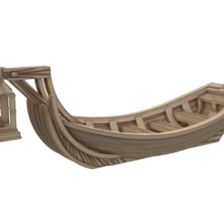 3D render of the Marsh Skipper, a fantasy wooden skiff for tabletop games, featuring a curved hull, detailed wood grain, and a lantern at the bow.