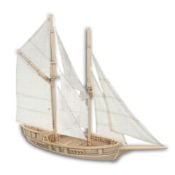 3D render of a tabletop Brigantine ship model. The 28mm scale model features a detailed wooden hull, two masts with textured sails, and a long bowsprit.