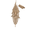3D render of a ship's wooden skeleton under construction, showing the keel, ribs, and sternpost. A separate bundle of logs lies nearby. Top-down view.